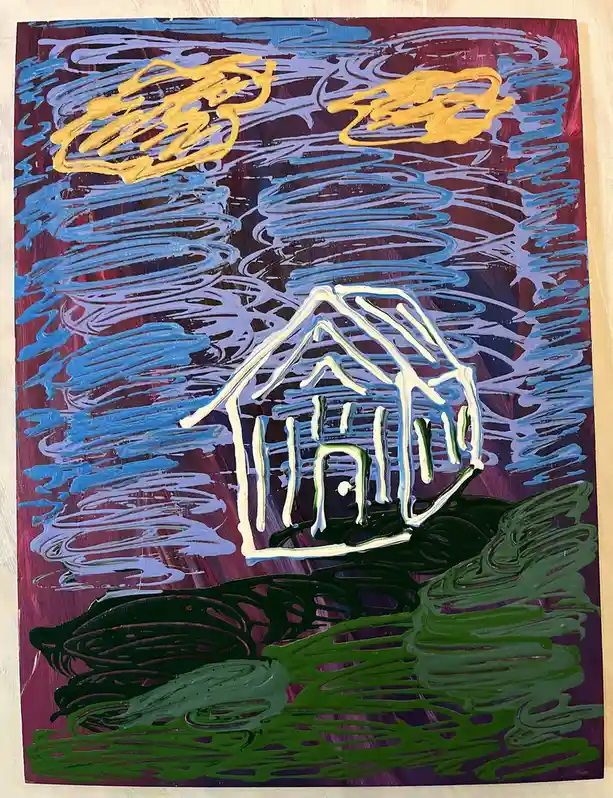 A childlike painting depicts a simple white house outline on a green hill against a swirling blue and purple sky with two…