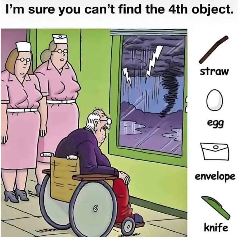 A cartoon depicts two nurses standing beside an elderly man in a wheelchair looking out a window at a storm. On the right, a…