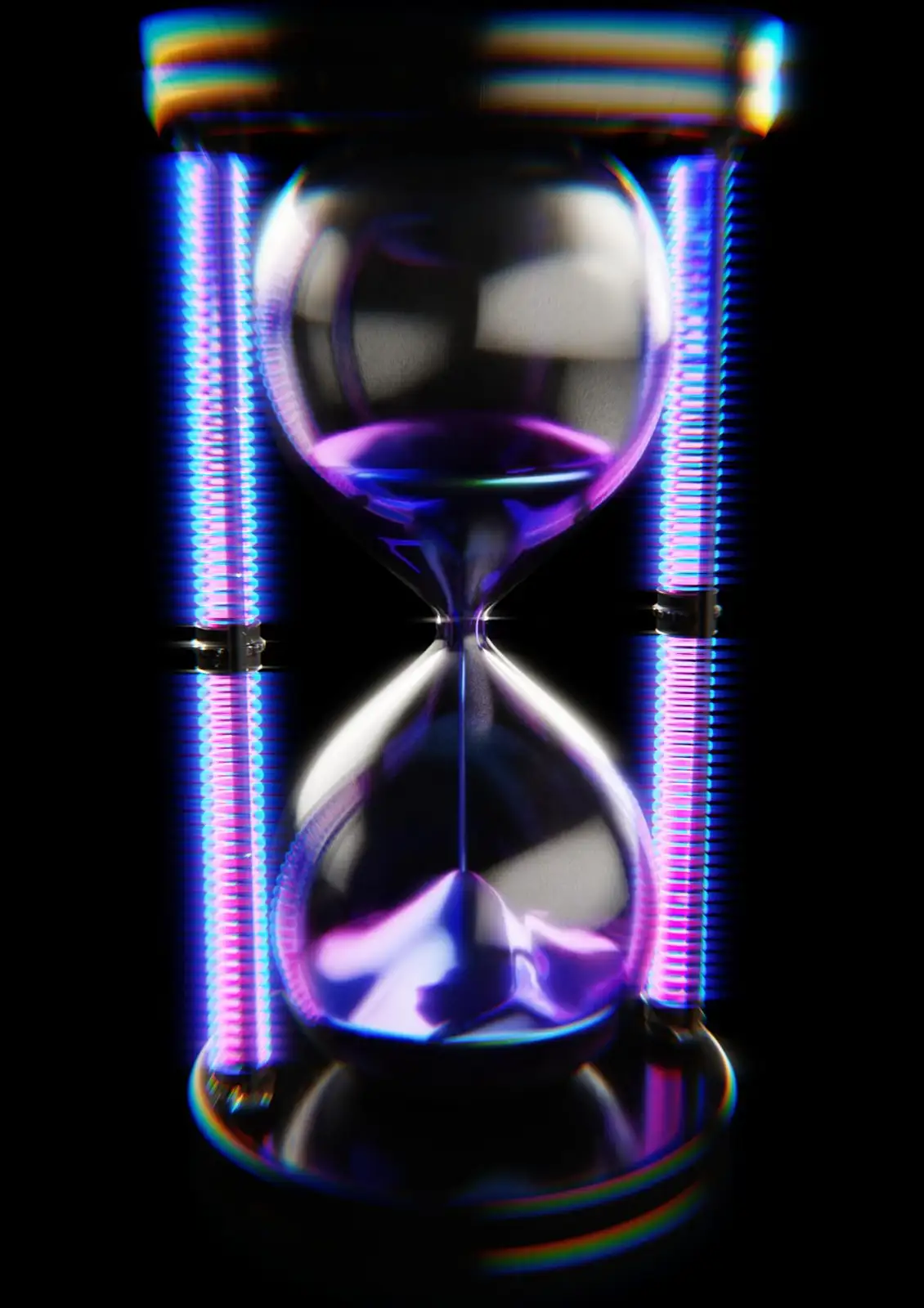 A stylized hourglass with glowing purple and blue neon lights on either side, set against a black background, with the text…