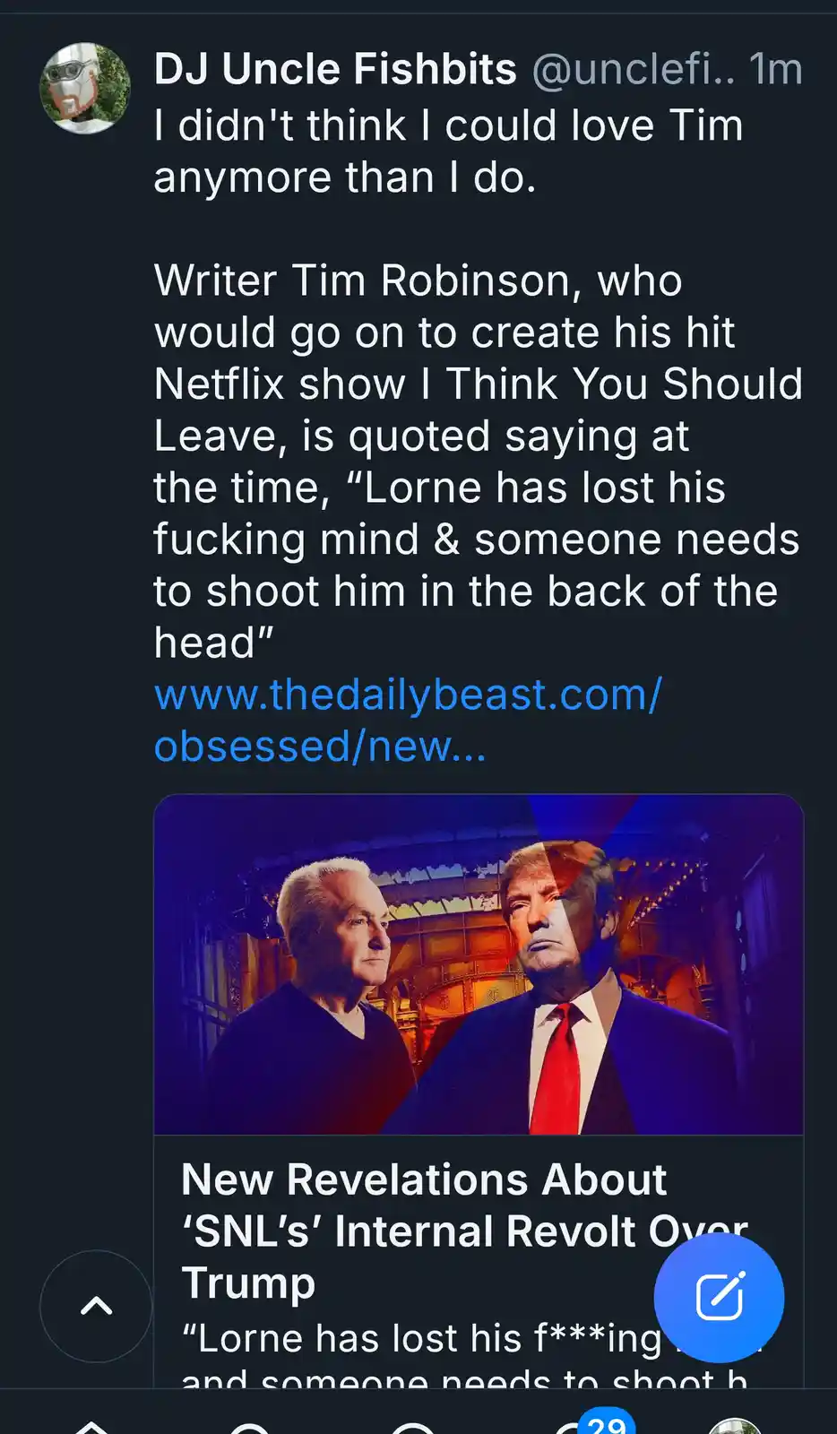 A screenshot of a tweet by DJ Uncle Fishbits shows a news article about SNL's internal revolt over Trump. The article…