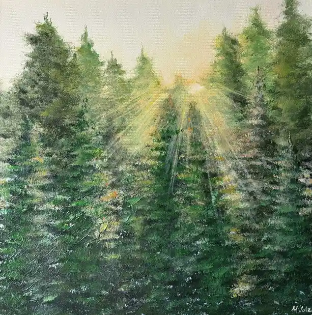 A textured painting depicts a forest of green pine trees with golden sunlight streaming through the canopy, creating a…