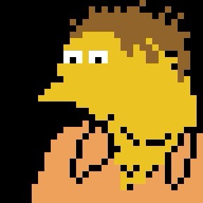 A low-resolution, pixelated image of a yellow cartoon character with brown hair, wide eyes, and a slightly downturned mouth…