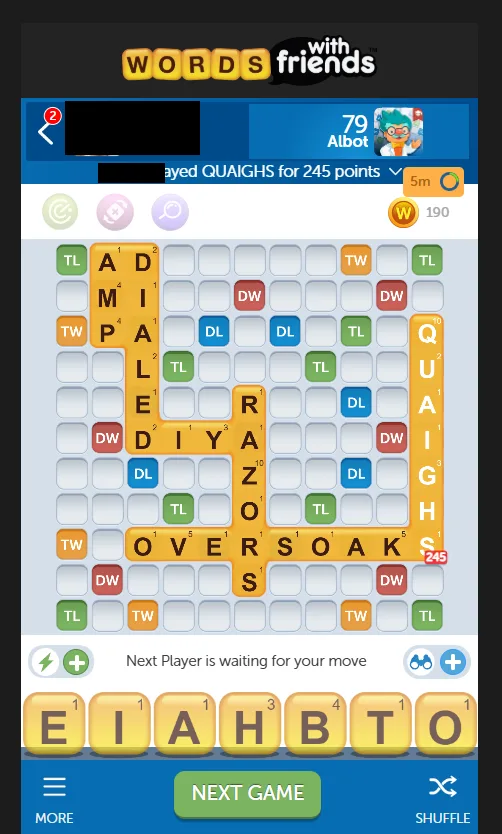 A screenshot of the mobile game 'Words with Friends' showing a completed turn where the word 'QUAIGHS' is placed vertically…