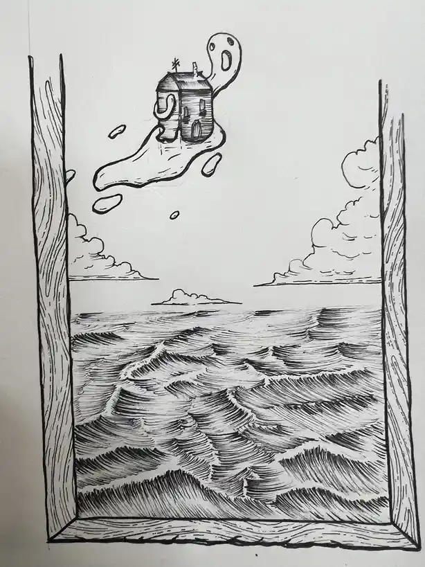 A black-and-white sketch shows a view from inside a wooden-framed window looking out at a choppy ocean. Above the water, a…