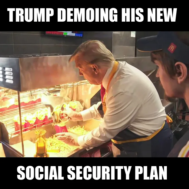 A man with white hair and a red tie, wearing a McDonald's apron and gloves, is shown in a fast-food kitchen pouring french…