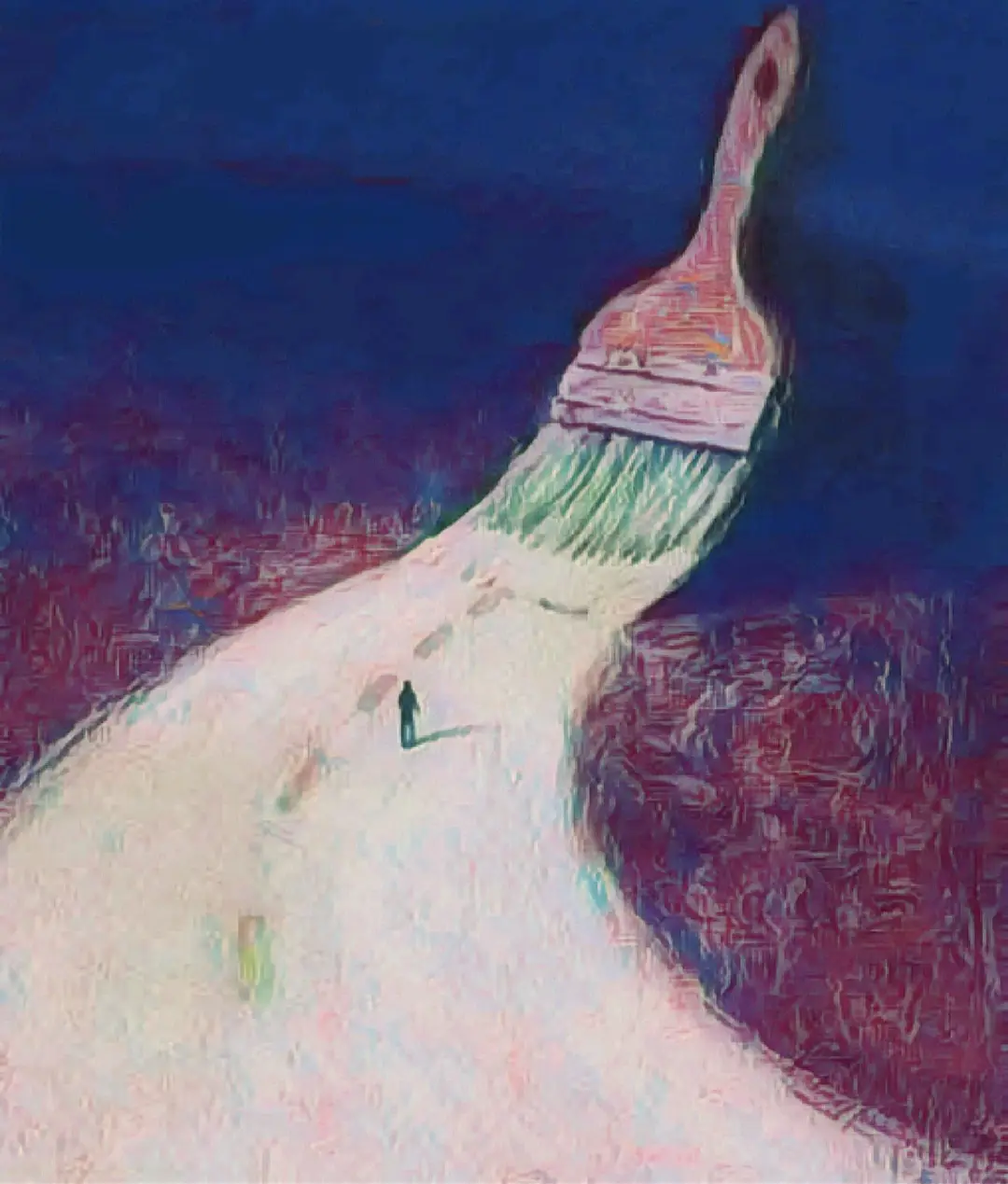 A surreal painting depicts a giant paintbrush with a green bristle head and pink handle, forming a path through a dark…
