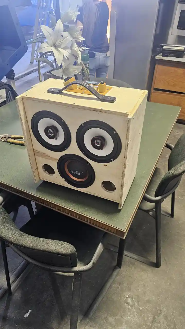 A homemade wooden speaker box with three visible drivers sits on a green table in a room, with a person partially visible in…
