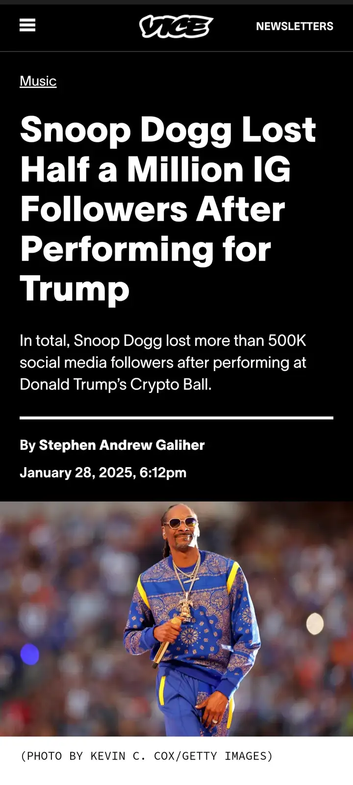 A screenshot of a VICE news article headline about Snoop Dogg losing over 500,000 Instagram followers after performing at…
