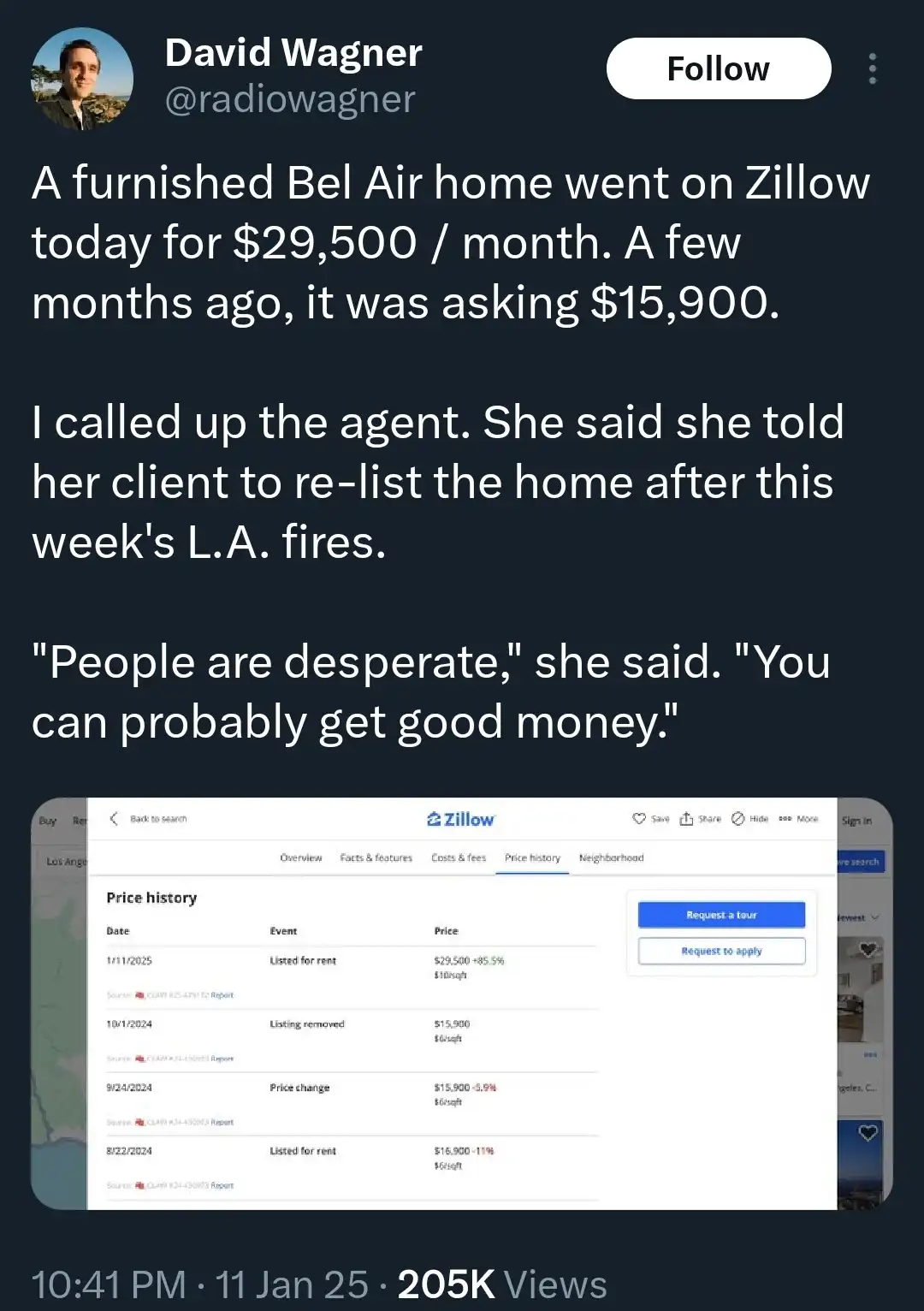 A screenshot of a Twitter post by David Wagner showing a Zillow price history for a furnished Bel Air home, which increased…