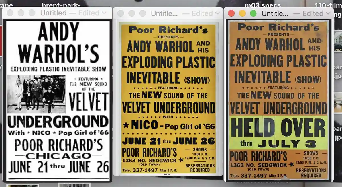 Three side-by-side edited vintage posters for Andy Warhol's 'Exploding Plastic Inevitable' show at Poor Richard's in…