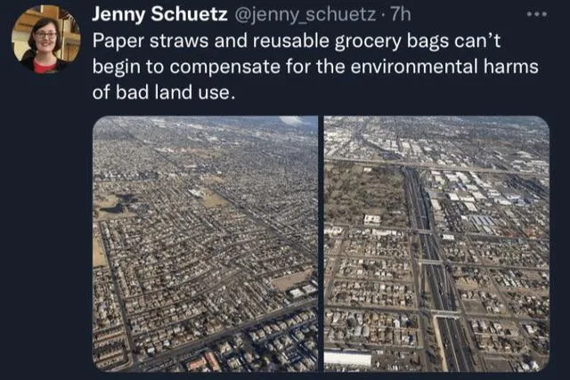 An aerial view of a city is split into two side-by-side images. The left image shows a dense urban area with many buildings…