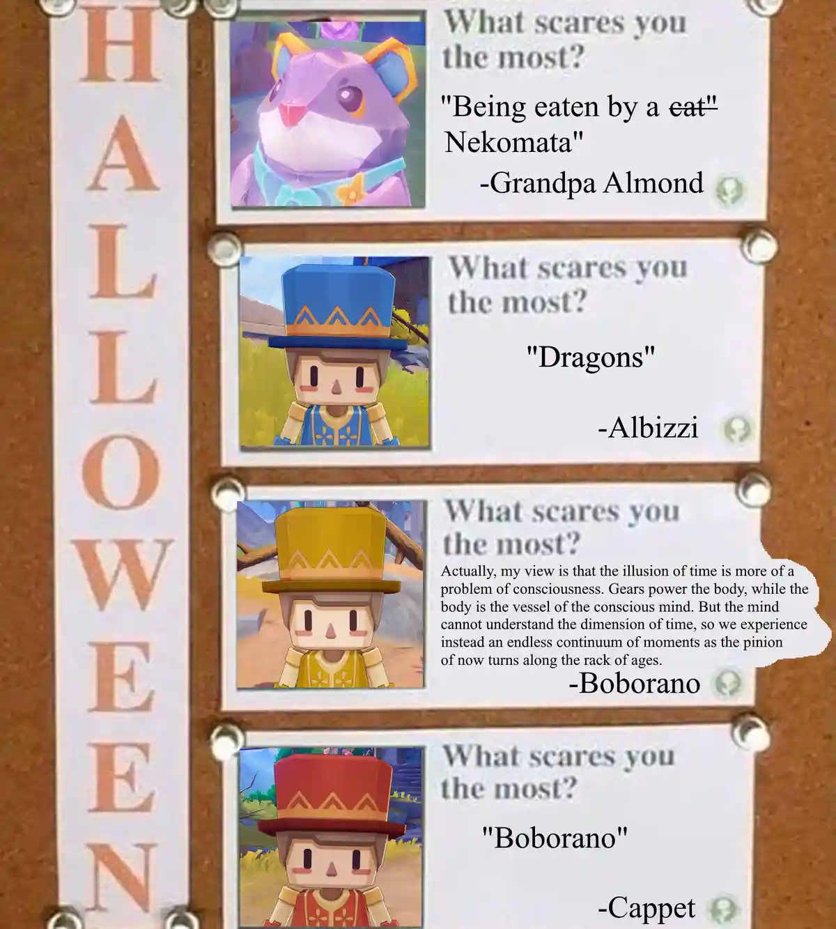 A Halloween-themed corkboard displays four character profiles from a game, each answering 'What scares you the most?'…