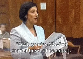 A six-panel meme sequence shows a woman in a courtroom speaking, then a man in an orange jumpsuit reacting. The same text…