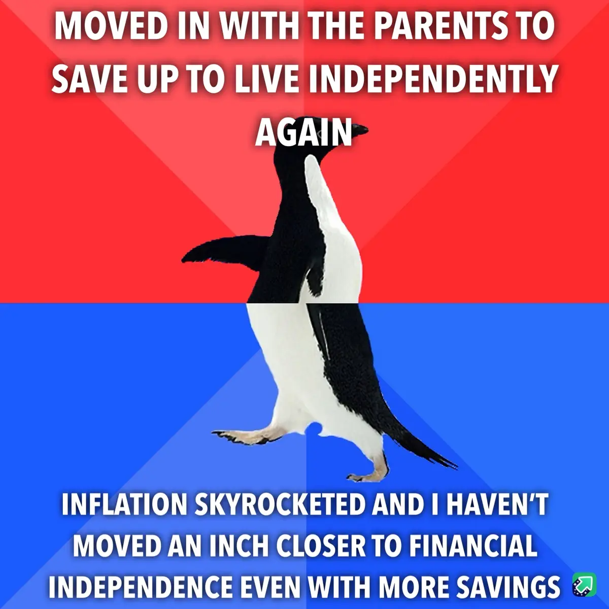 A penguin stands centered against a red and blue background, with white text overlaid in two sections. The top text reads…