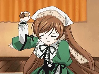 The meme juxtaposes three panels of an anime girl in a green maid outfit, initially holding a small round object, then…