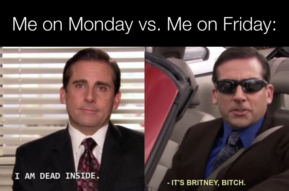The image is a split-screen meme featuring actor Steve Carell. On the left, he appears in a suit and tie, looking exhausted…