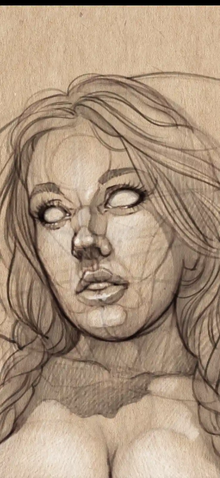 A pencil sketch of a woman's face and upper torso on textured paper, showing visible underlying sketch lines and smudged…