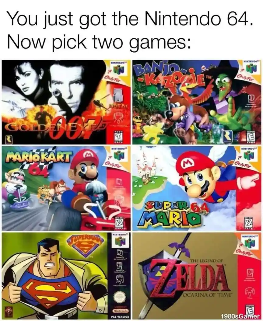 The image displays six Nintendo 64 game covers arranged in a 3x2 grid. The top row shows GoldenEye 007 and Banjo-Kazooie…