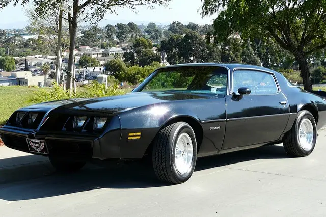 A black 1979 Pontiac Trans Am muscle car is parked on a paved surface with trees and a suburban neighborhood in the…