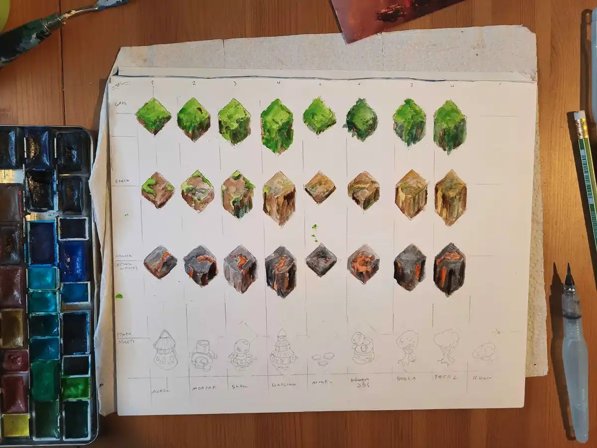 A watercolor art sheet shows a grid of hand-drawn, isometric cube concepts for different terrain types: grass, earth, and…