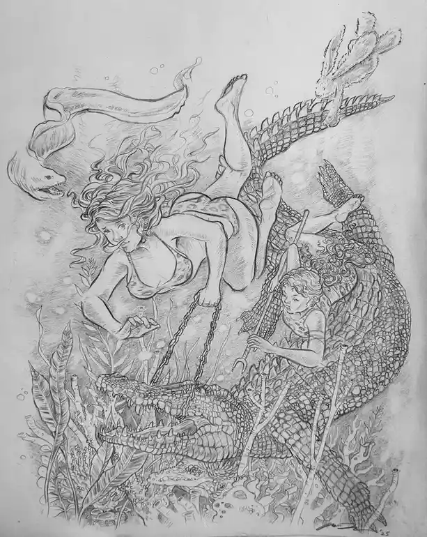 A detailed pencil drawing shows a woman with long hair and a mermaid-like tail, seemingly underwater, holding a chain…