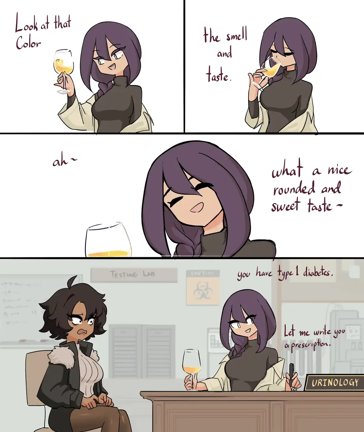A four-panel comic shows a woman in a lab coat tasting a yellow liquid, praising its color, smell, and sweet taste. The…