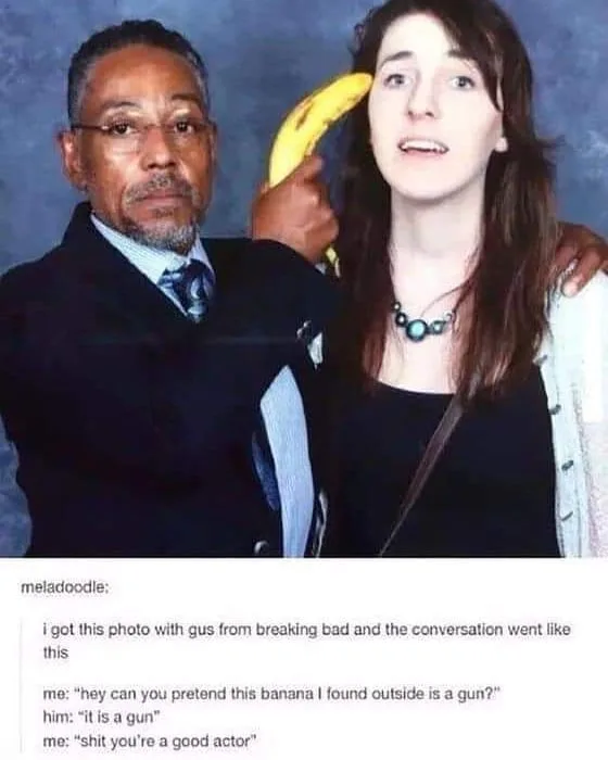 A photo shows actor Giancarlo Esposito, portraying his character Gus Fring from 'Breaking Bad,' holding a banana up to a…
