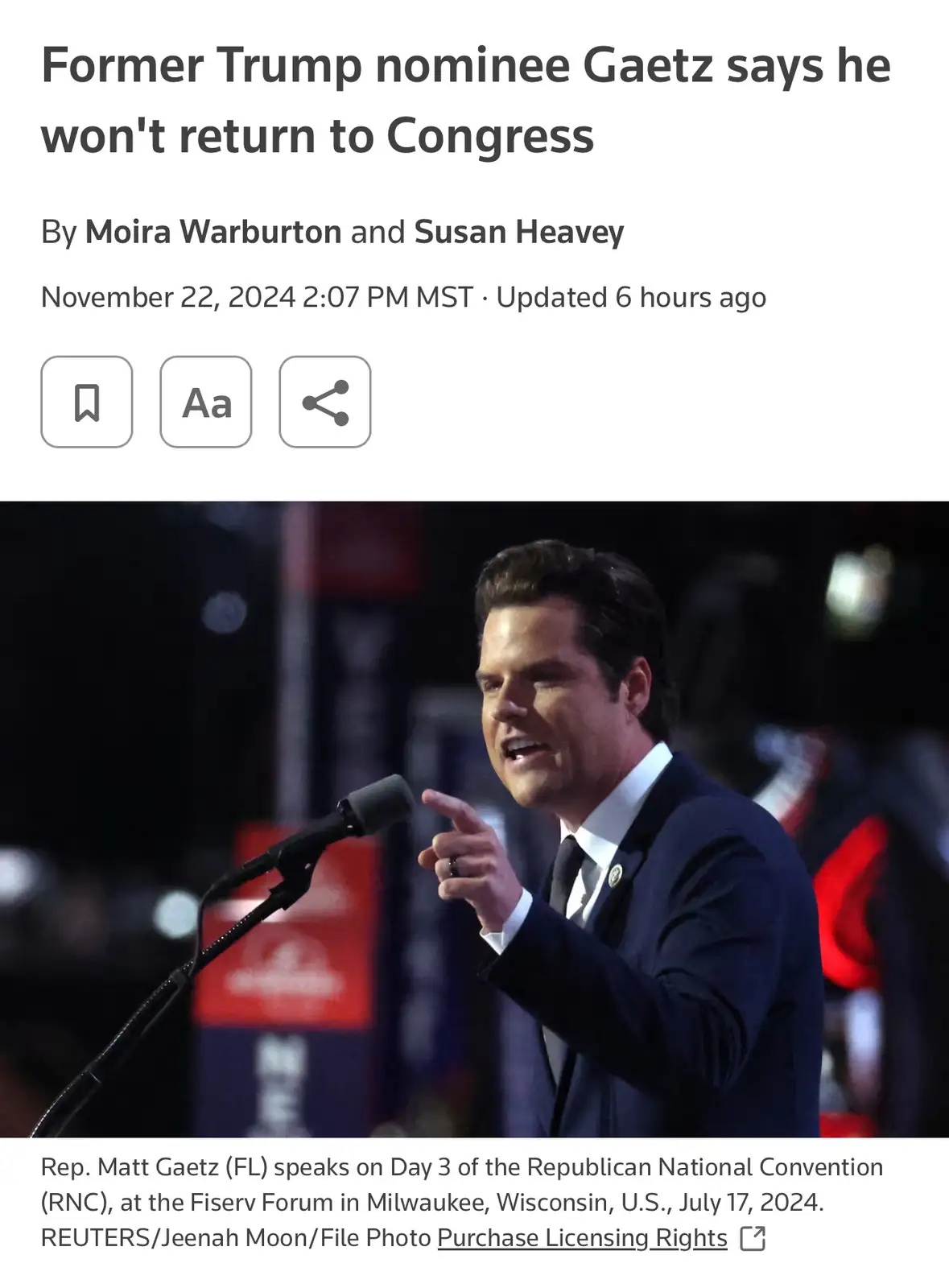 A screenshot of a news article header showing a photo of Rep. Matt Gaetz speaking at a podium during the 2024 Republican…