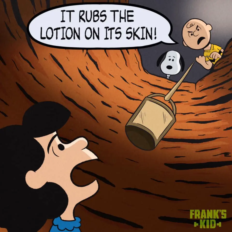 A cartoon image shows a character with dark hair and a blue collar looking up in shock at a large, textured brown surface…
