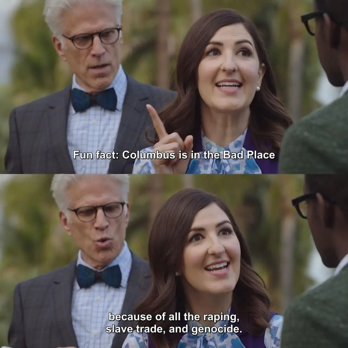A two-panel meme from the TV show 'The Good Place' featuring a woman smiling and pointing while saying 'Fun fact: Columbus…