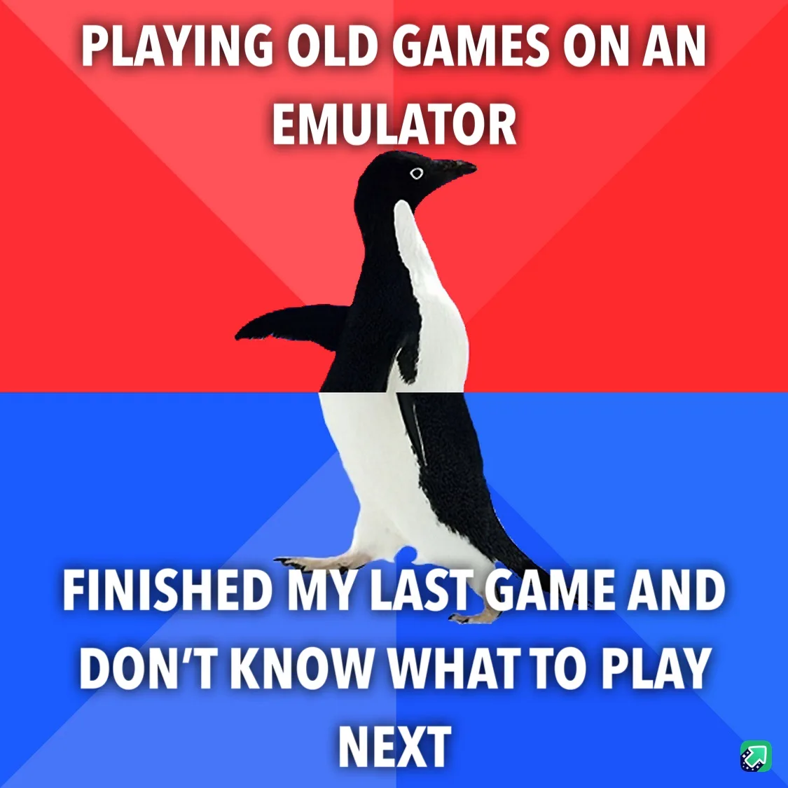 A penguin stands centered against a red and blue background, with white text above reading 'PLAYING OLD GAMES ON AN…