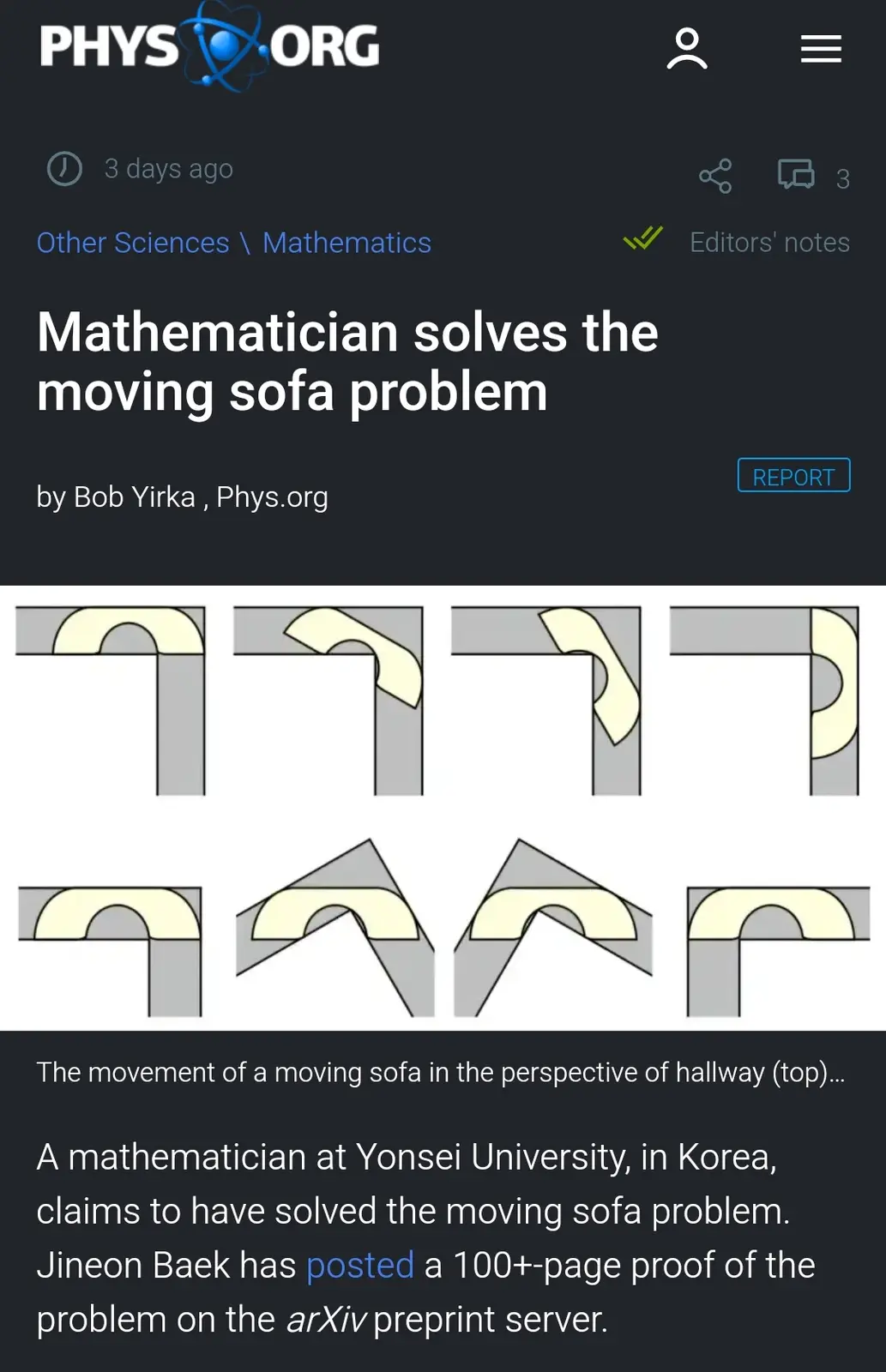 A screenshot of a Phys.org news article titled 'Mathematician solves the moving sofa problem' shows diagrams illustrating…