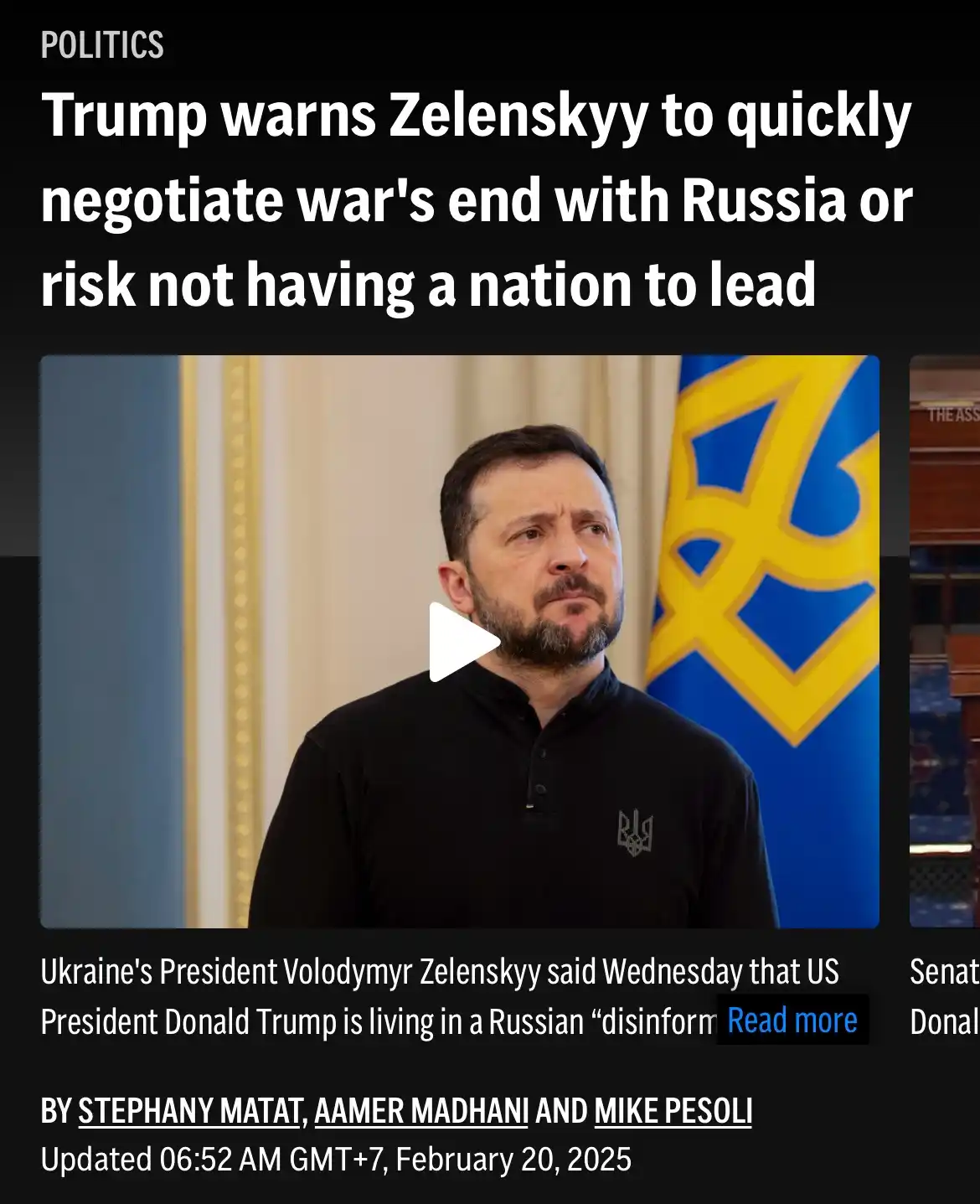 A screenshot of a news article headline about Trump warning Zelenskyy to negotiate a war's end with Russia, overlaid on a…