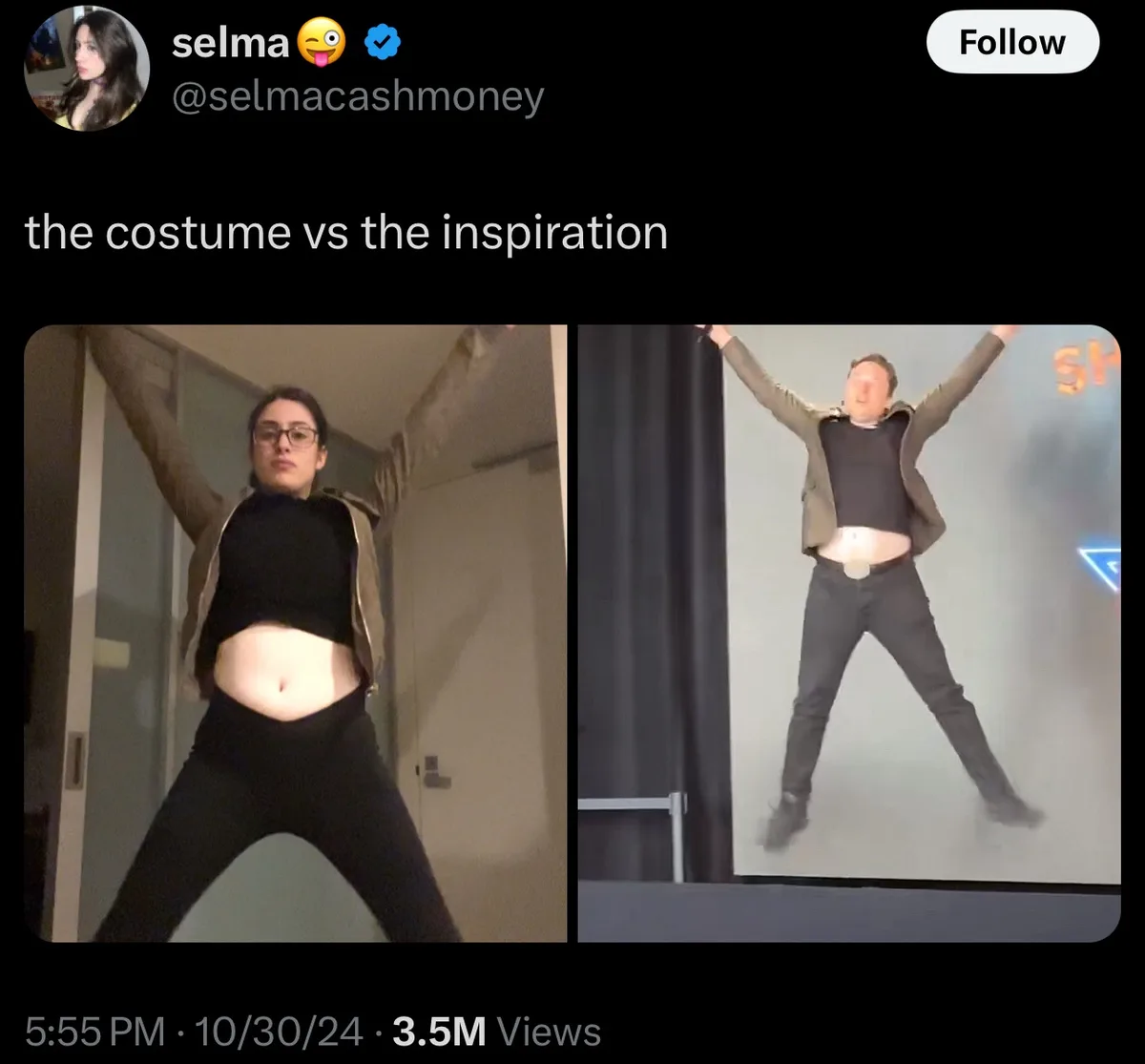 A side-by-side comparison shows a woman in a crop top and jacket mimicking a man in a similar outfit jumping with arms…