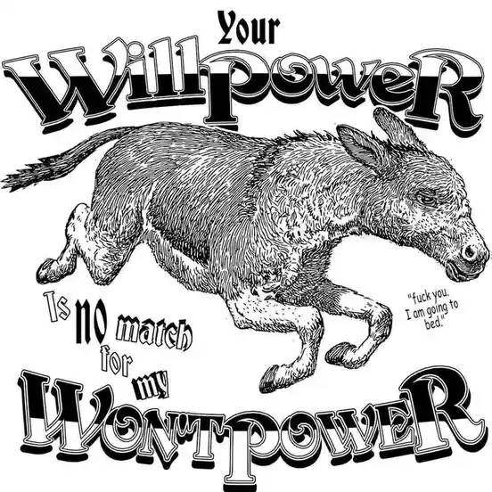 A black-and-white line drawing of a running donkey with bold text above and below it. The text reads 'Your Willpower Is no…