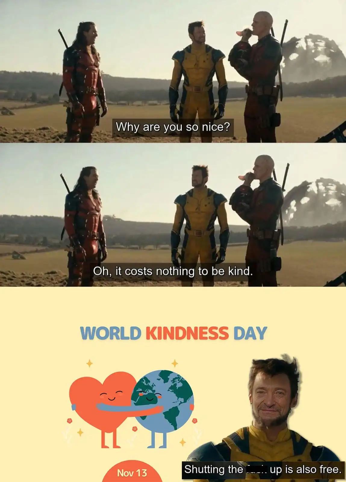 The meme features two panels from a movie scene with three men in costumes standing in a field. The top panel shows one…