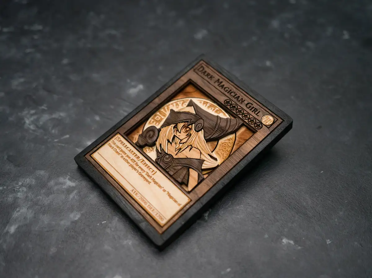 A wooden, laser-etched replica of a Yu-Gi-Oh! trading card featuring the character Dark Magician Girl. The card displays her…