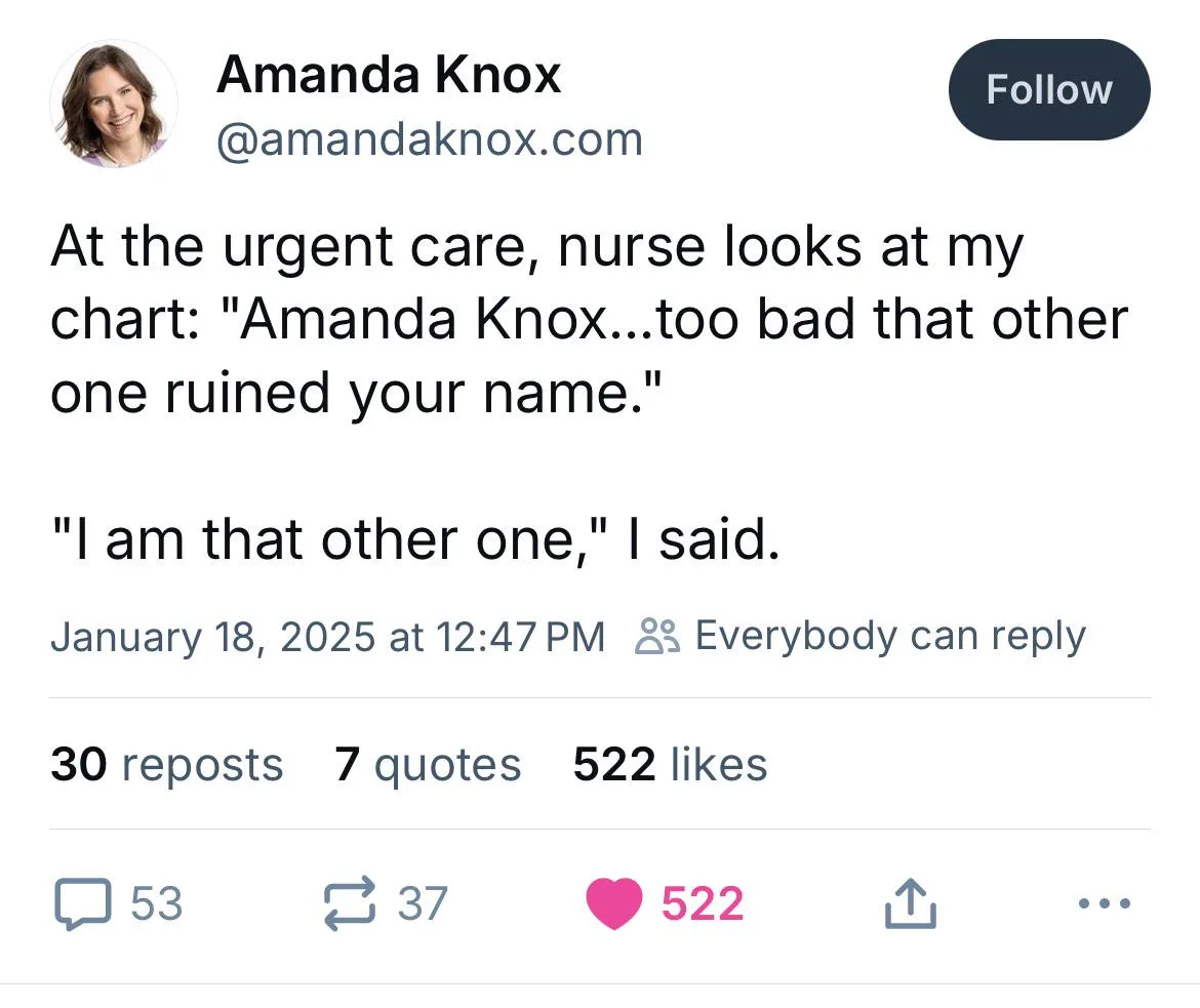 A screenshot of a social media post by Amanda Knox, showing her profile picture and a tweet where she recounts a nurse at…