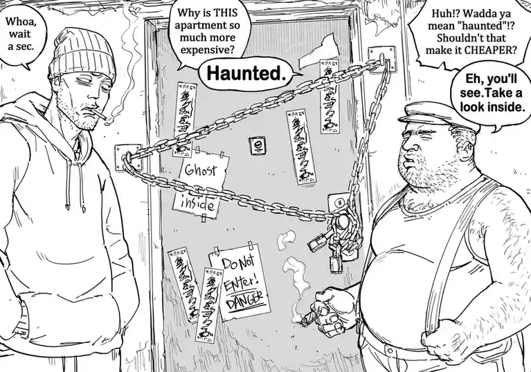 A black-and-white comic panel shows two men at a door chained shut with multiple warning signs like 'Ghost inside' and 'Do…