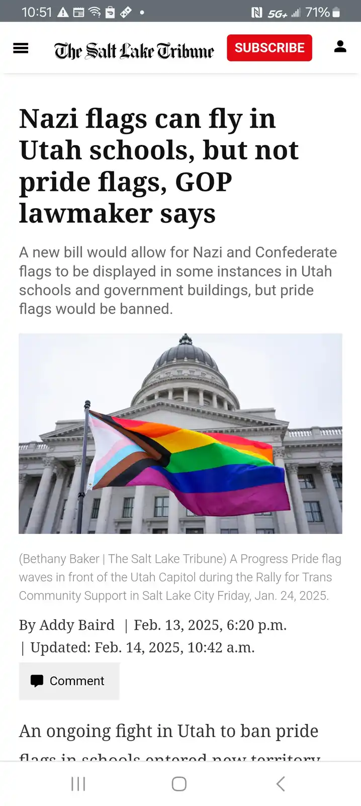 A screenshot of a Salt Lake Tribune news article shows a rainbow pride flag waving in front of the Utah Capitol. The…