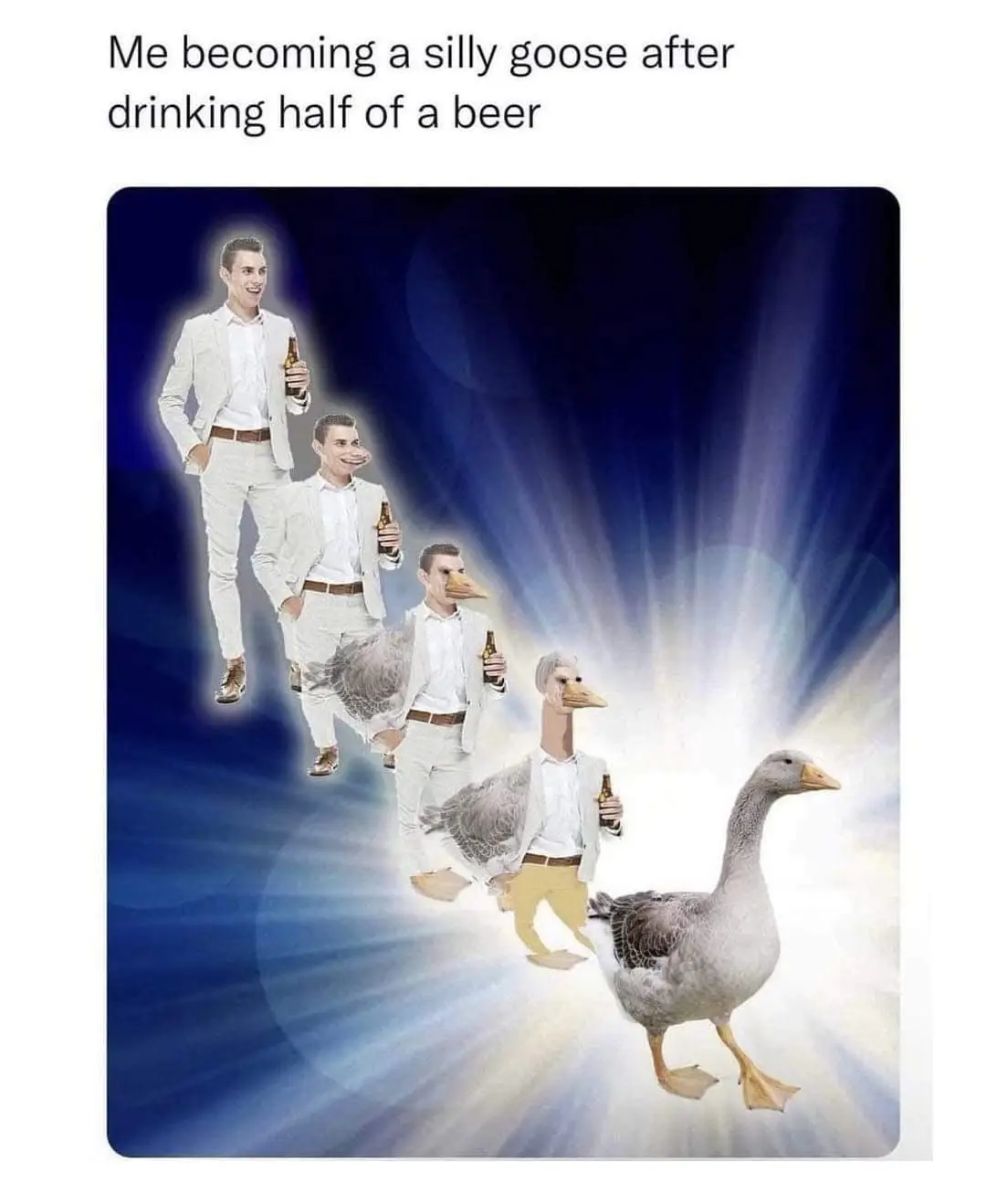 A man in a white suit holding a beer bottle is shown in a sequence of images, progressively transforming into a goose while…