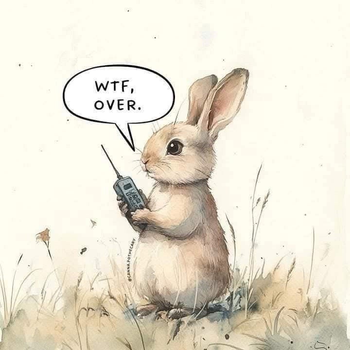 A watercolor illustration of a small, light brown rabbit standing in grassy terrain, holding a handheld two-way radio. A…