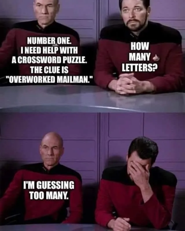 Two Star Trek characters sit at a table. The top panel shows one character asking for help with a crossword clue…