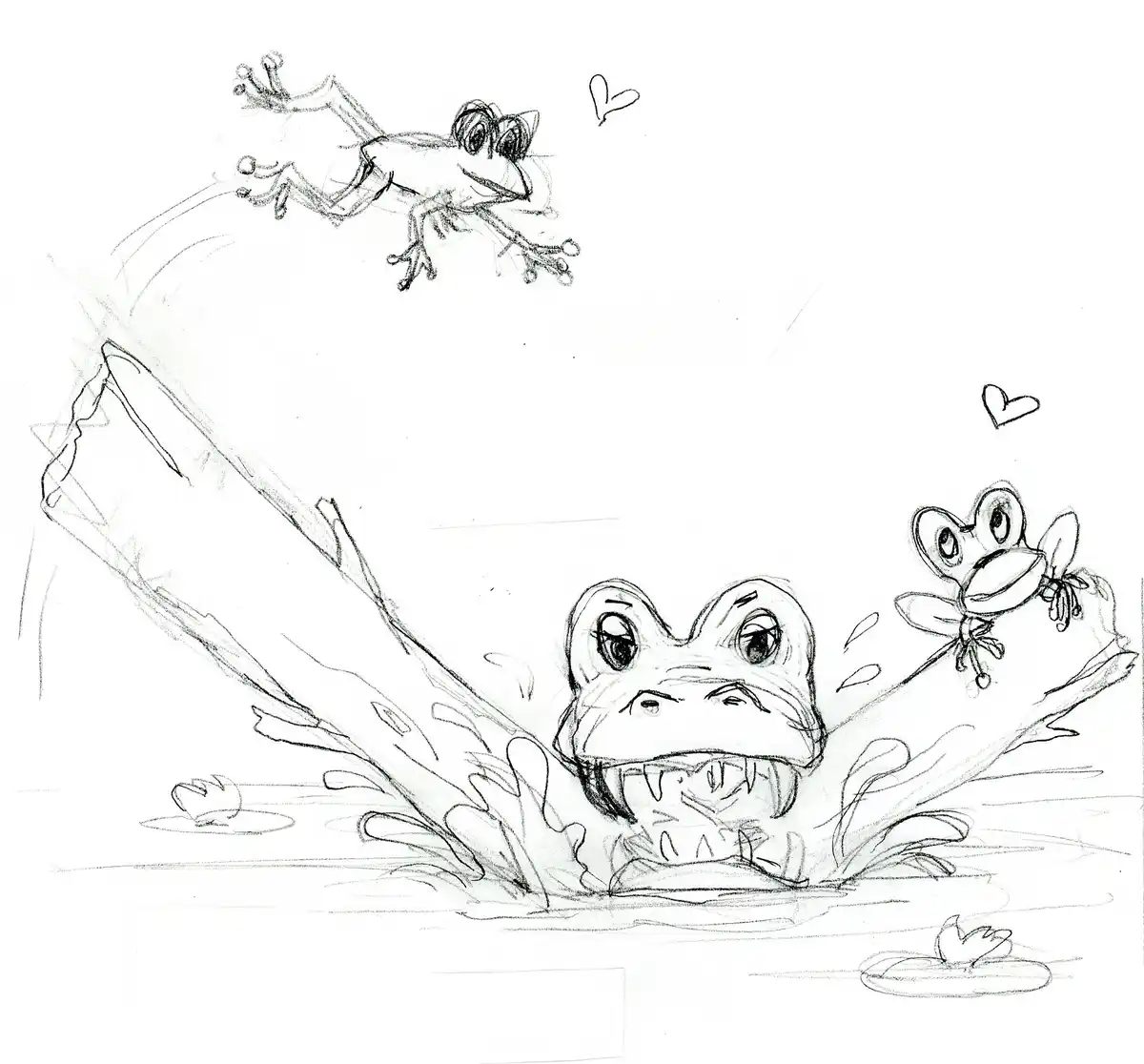 A black-and-white sketch shows a large, toothy crocodile emerging from water with a surprised expression, while two small…