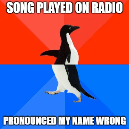 A penguin stands centered against a red and blue background, with bold white text at the top reading 'SONG PLAYED ON RADIO'…