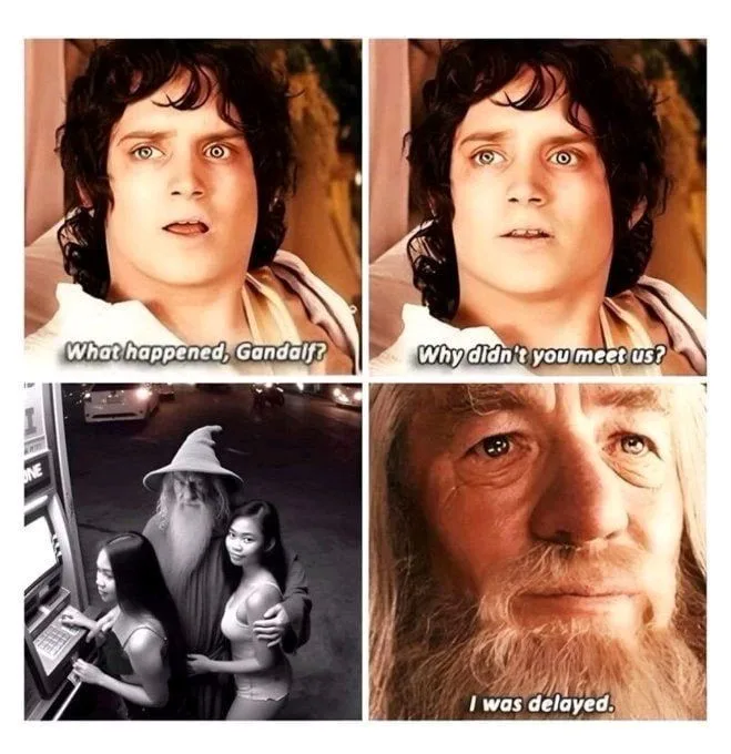 A four-panel meme using images of Frodo Baggins and Gandalf from 'The Lord of the Rings'. Top left: Frodo asks 'What…