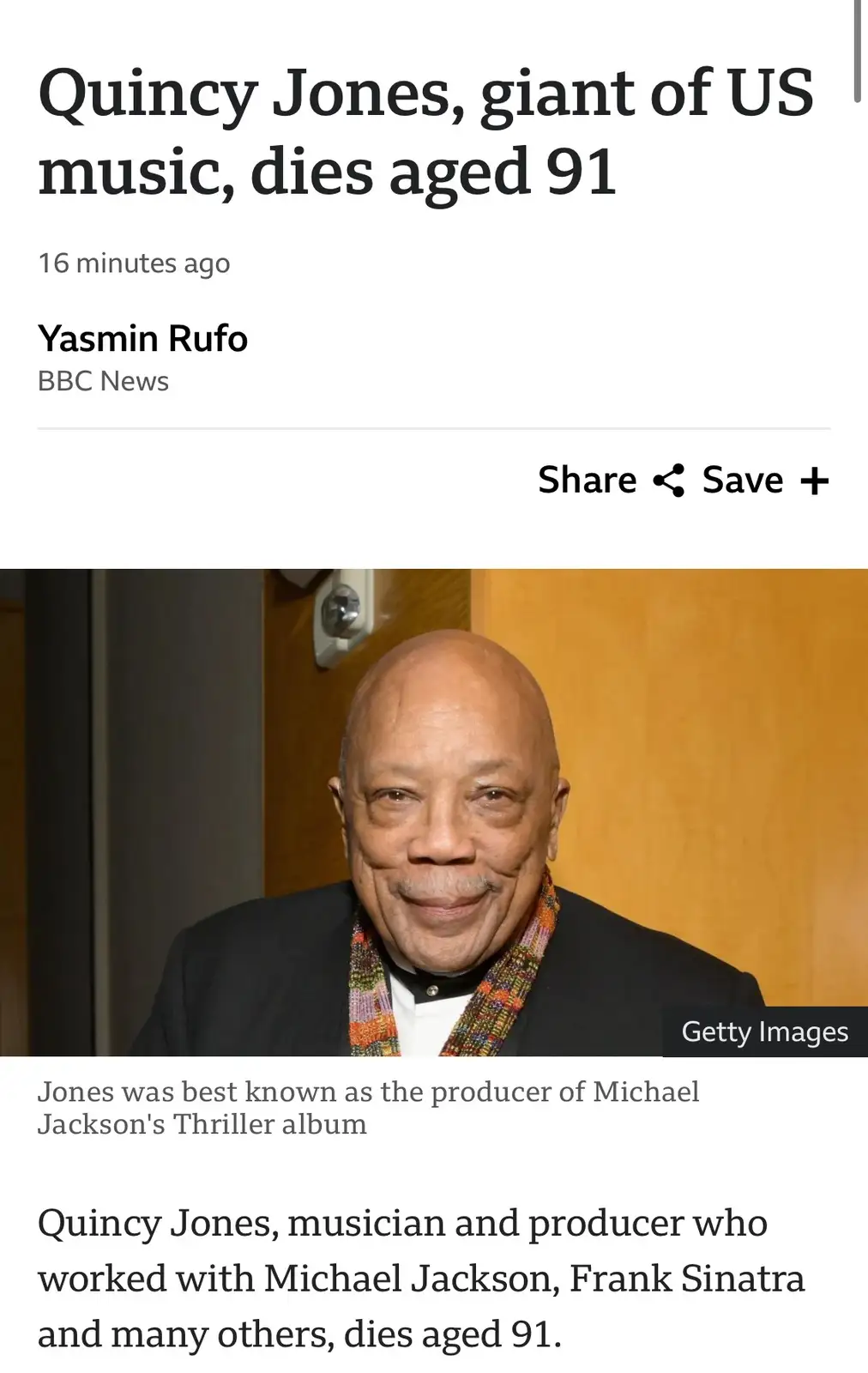 A screenshot of a BBC News article announcing the death of Quincy Jones at age 91, featuring his photo and text about his…