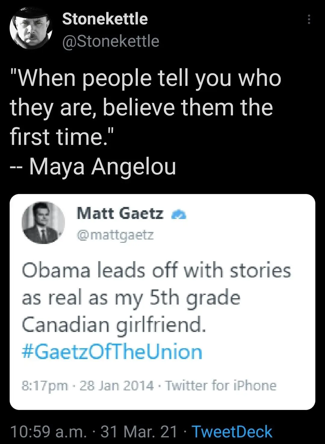 A screenshot of a tweet by Matt Gaetz that reads 'Obama leads off with stories as real as my 5th grade Canadian girlfriend.'…