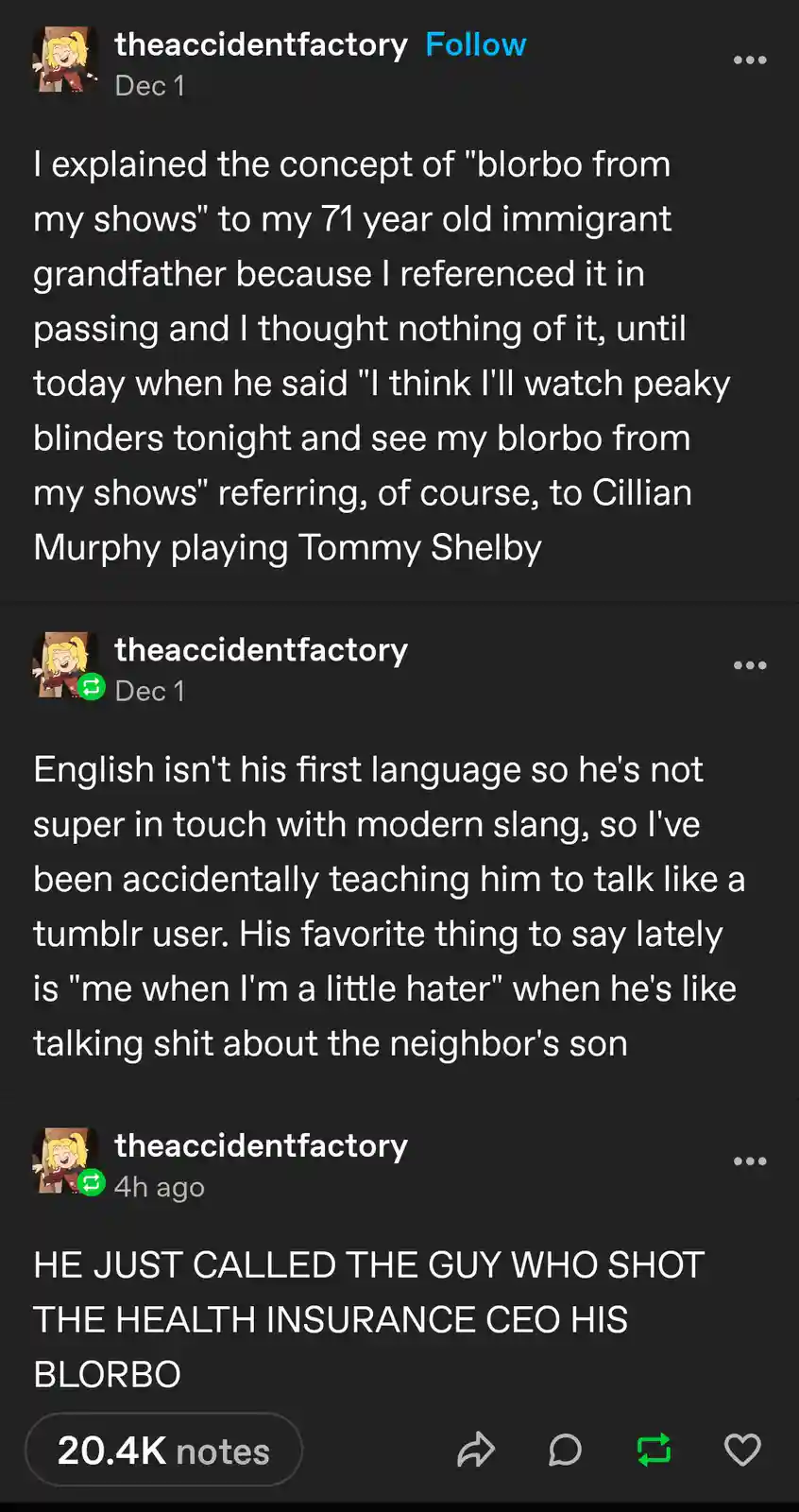 The image displays a Tumblr post by 'theaccidentfactory' detailing how their 71-year-old immigrant grandfather, unfamiliar…