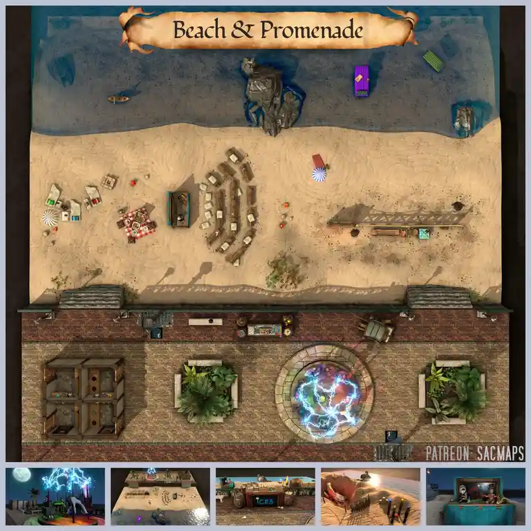 An overhead view of a fantasy beach scene with sand, water, rocks, and beach chairs, overlaid with a brick building…